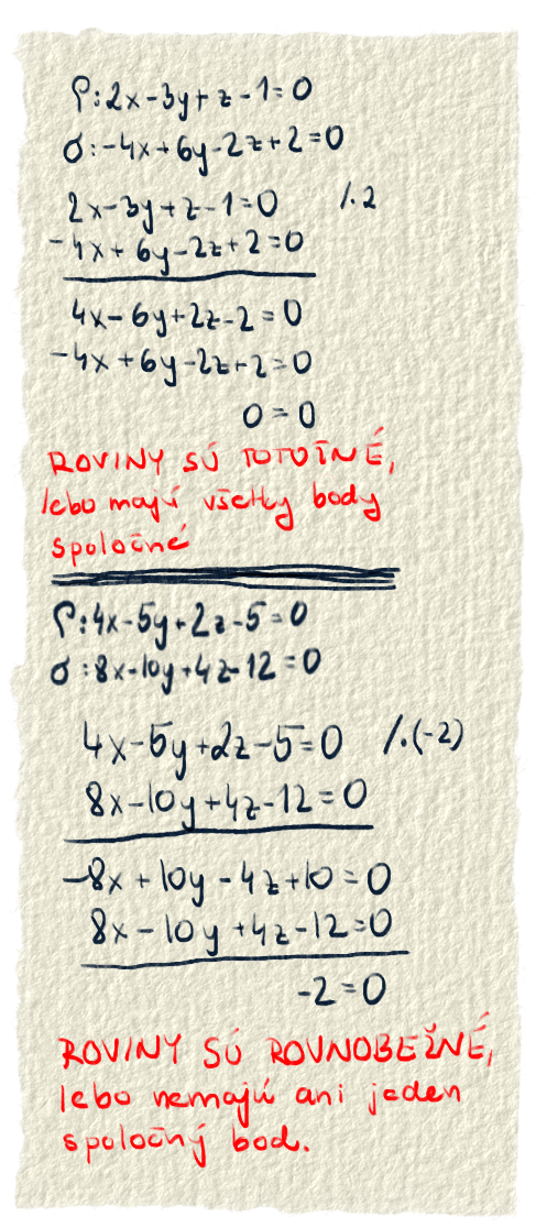 Dva príklady. Prvý - roviny sú totožné. Druhý - roviny sú rovnobežné.